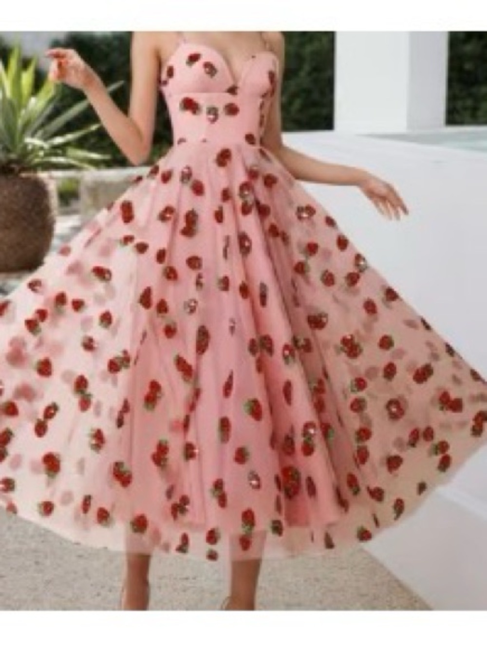 Strapless Pink Tea-Length Dress with Red Strawberry Appliqués